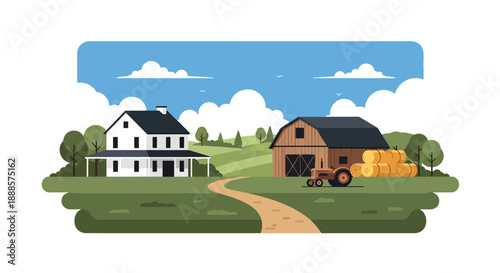 Traditional farmhouse with barn and open fields, modern flat vector illustration showing rural architecture and agricultural lifestyle