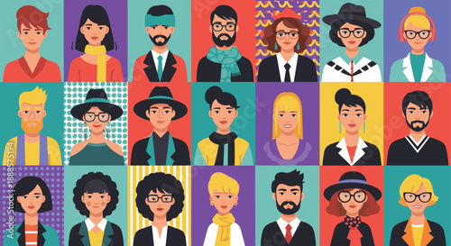 Diverse cartoon portraits in colorful grid, expressive faces, unique styles, vibrant fashion, multicultural identity illustration