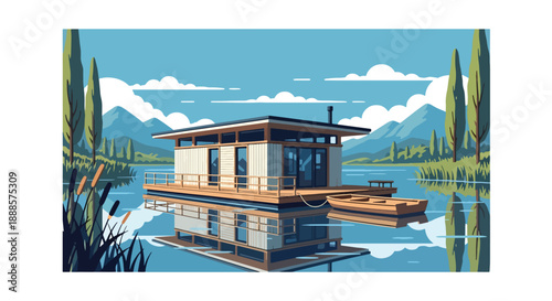 Floating house on a calm lake with wooden deck, modern flat vector illustration showing innovative residential architecture