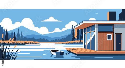 Floating house on a calm lake with wooden deck, modern flat vector illustration showing innovative residential architecture