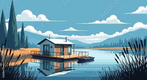Floating house on a calm lake with wooden deck, modern flat vector illustration showing innovative residential architecture
