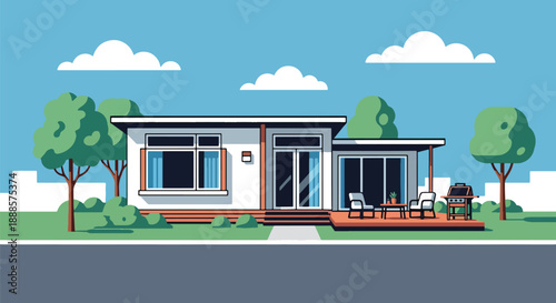 Mobile home in a quiet park setting, modern flat vector style showing affordable housing and suburban lifestyle