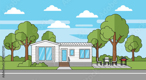 Mobile home in a quiet park setting, modern flat vector style showing affordable housing and suburban lifestyle