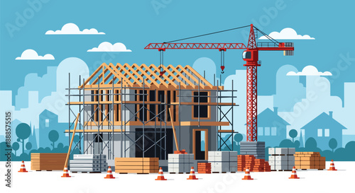 New house under construction with scaffolding and crane, modern flat vector style showing building process and development