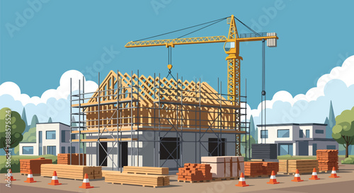 New house under construction with scaffolding and crane, modern flat vector style showing building process and development