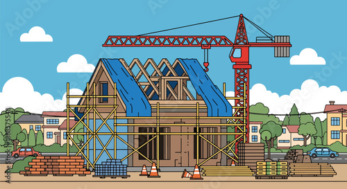 New house under construction with scaffolding and crane, modern flat vector style showing building process and development