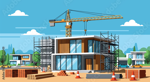 New house under construction with scaffolding and crane, modern flat vector style showing building process and development