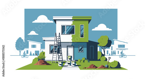 Renovated house with ladder and paint buckets, flat vector illustration showing home improvement and modern residential care