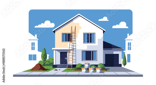 Renovated house with ladder and paint buckets, flat vector illustration showing home improvement and modern residential care