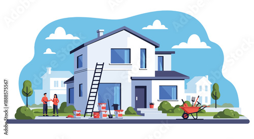 Renovated house with ladder and paint buckets, flat vector illustration showing home improvement and modern residential care