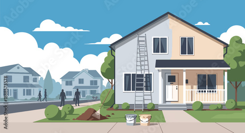 Renovated house with ladder and paint buckets, flat vector illustration showing home improvement and modern residential care