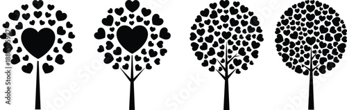 Set of four black and white minimalist tree silhouettes with heart shaped leaves representing love romance growth and family for Valentine Day or wedding design