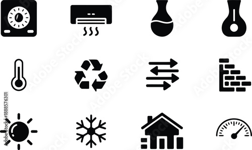 Diverse black glyph icons depicting smart energy management, climate regulation, and scientific processes