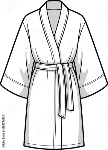 Detailed flat of a white kimono robe with a tie belt and contrasting trim on sleeves and neckline