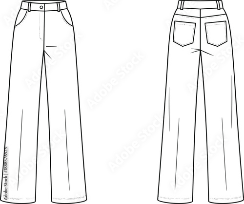 Detailed technical of wide-leg pants front and back views, featuring classic denim jean styling with pockets and stitching