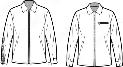 Flat comparison of two white long-sleeved shirts, one with a full front zipper and the other with a partial zipper and chest pocket
