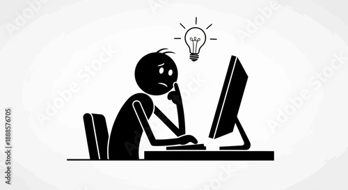Stick figure man thinking hard at computer with lightbulb idea.