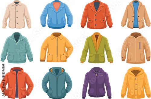 Diverse range of mens stylish jackets and coats featuring multiple colors and designs on white