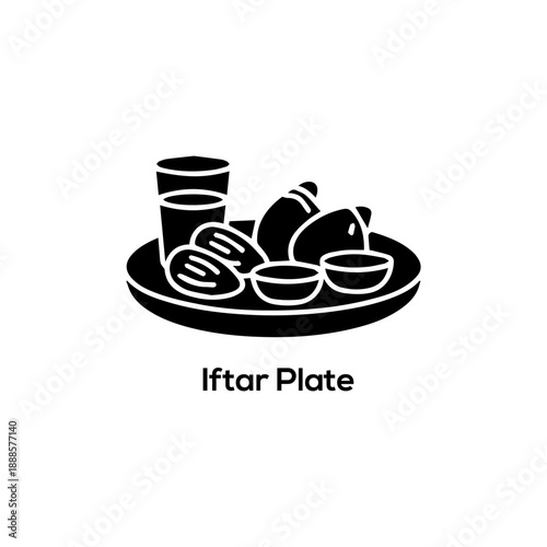 Minimalist black Iftar plate icon with dates and water glass for Ramadan fasting break meal and Islamic religious traditions.

