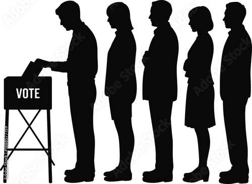 Silhouette of diverse individuals queuing patiently to cast their votes in a democratic election at a polling station