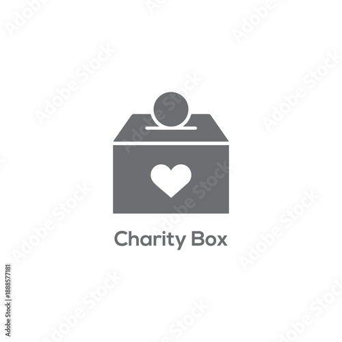 Minimalist gray charity donation box icon with heart symbol and coin falling into slot for philanthropic giving and help.
