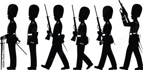 Silhouette of royal guards marching in ceremonial uniform with bearskin hats and rifles, depicting a historical military procession