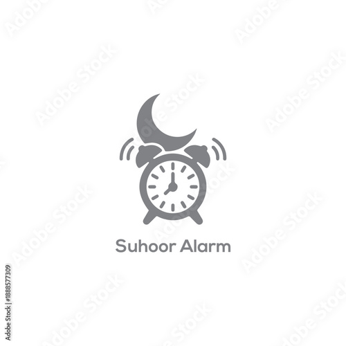 Suhoor Alarm Clock Icon with Crescent Moon, Ramadan Pre-Dawn Meal Reminder Symbol for Islamic Fasting Apps and Print Design

