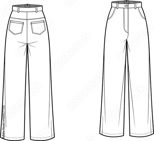 Technical fashion of wide-leg palazzo pants in front and back views with detailed stitching and pocket