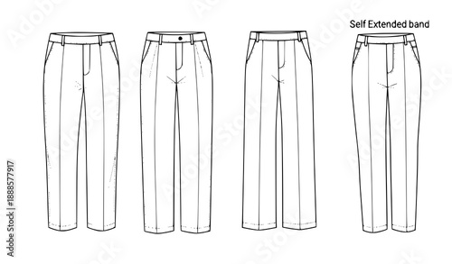 Technical Flat Fashion Vector of Pants Front View with Single Pleat, Double Pleat, and Self-Extended Waistband for Men, Women, and Unisex