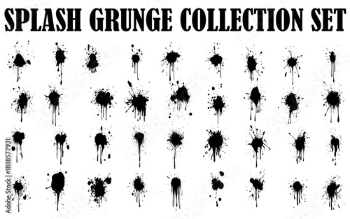 Spray paint graffiti blots, dots and ink splashes. Circles with drips and spray paint effect for urban street art design. Hand drawn rough ink splashes with grain texture and small blots collection.