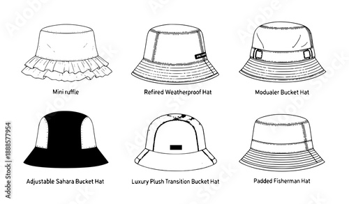 Flat Vector Technical Fashion Illustration of Bucket Hats: Mini Ruffle, Weatherproof, Modular, Adjustable Sahara, Luxury Plush, Padded Fisherman