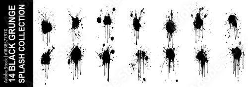 Set of black paint splashes icon vector. Paint splatter colorful set, ink blots. Different splashes and drops, cartoon spatters. Vector illustration.