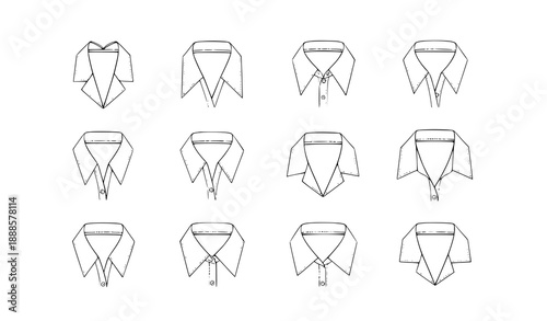 Technical Flat Vector Illustration of Lapels and Collars for Tops, Shirts, Jackets, Blouses, and Coats Front View for Men, Women, and Unisex