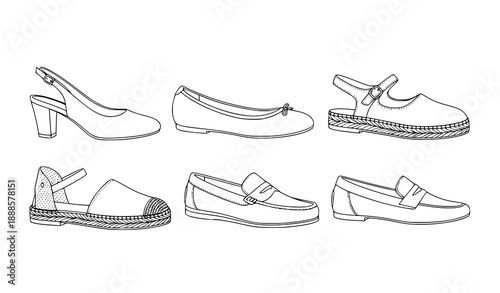 Vector Flat Illustration of Women’s Shoe Collection: Slingback, Ballet Flat, Mary Jane, Espadrille, Moccasin, Loafer