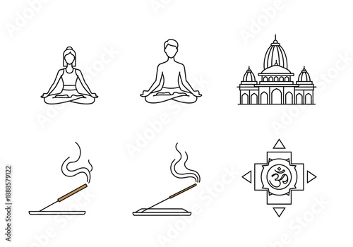 Line art illustrations of spiritual practices, featuring serene meditation poses, traditional temples, fragrant incense, and the sacred Om symbol for wellness and mindfulness