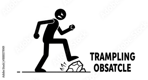 Stick figure man stomping on a rock obstacle with determination.