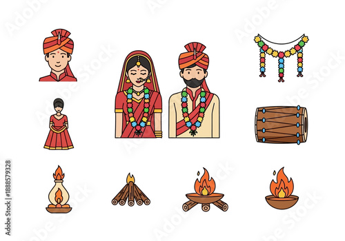 Vector illustrations capturing the essence of an Indian wedding and Hindu marriage, highlighting traditional rituals, sacred fire ceremonies, and cultural celebration for a couple's special day