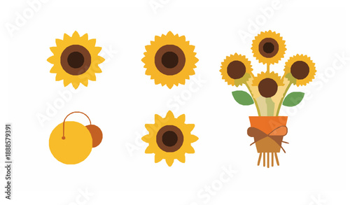 Cheerful summer sunflower flat vector icon set isolated on white background