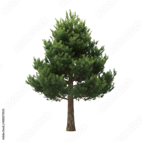 Tall green pine tree with dense foliage and thick trunk isolated on transparent background