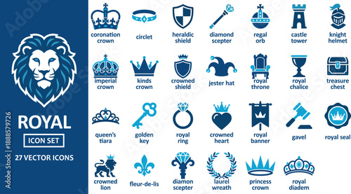Flat duotone vector icon set of royal medieval kingdom symbols for noble design(Multiple values)