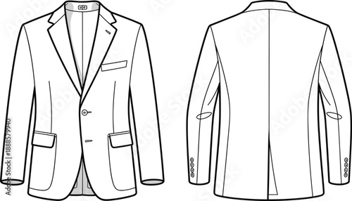Men’s blazer technical sketch, fashion flat drawing, front and back view, garment template, tailoring illustration, apparel vector art