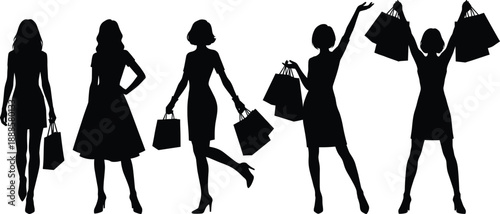 Diverse group of stylish women silhouettes holding shopping bags, celebrating consumerism and fashion.