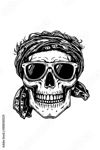 Cool skull wearing trendy sunglasses and bandana