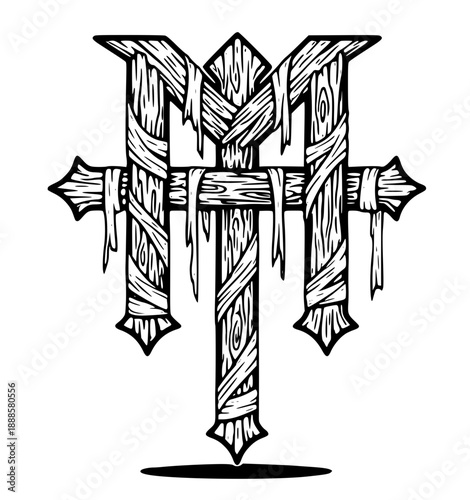 Wooden cross wrapped in bandages, symbolizing faith and healing