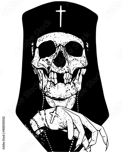 Stunning skull nun with rosary and cross in dark dramatic pose