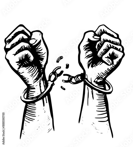 Breaking free with powerful fists shattering chains