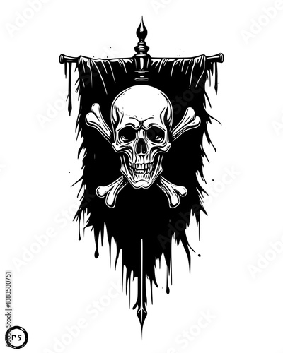 Dramatic skull and crossbones banner with dark tattered fabric