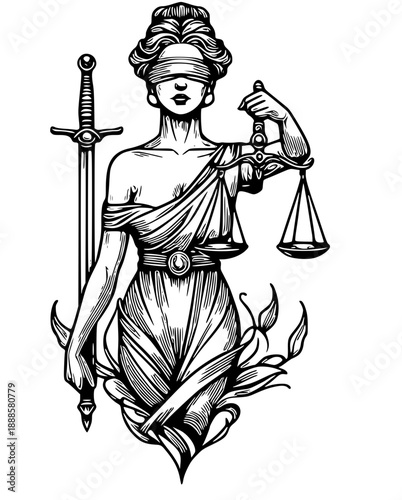 Justitia holds scales of justice and sword with blindfold