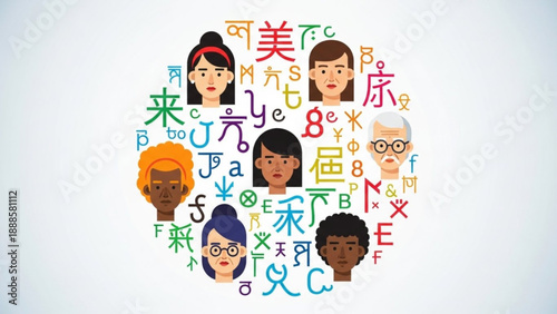 Diverse group of people with colorful alphabet letters representing global communication and language unity