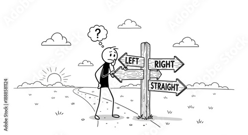Stick figure confused at a crossroads with multiple directional signs.